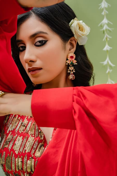 Redpine Designs_Red Crepe Georgette Sequins, Salli V Neck Pre-draped Saree With Blouse _at_Aza_Fashions