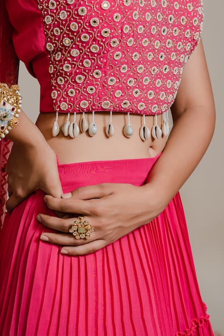 Redpine Designs Fuchsia Georgette, Dupatta Net Cutdana, Kasab, Mirror, Pleated Lehenga Set at Aza Fashions Redpine Designs_Fuchsia Georgette, Dupatta Net Cutdana, Kasab, Mirror, Pleated Lehenga Set _at_Aza_Fashions