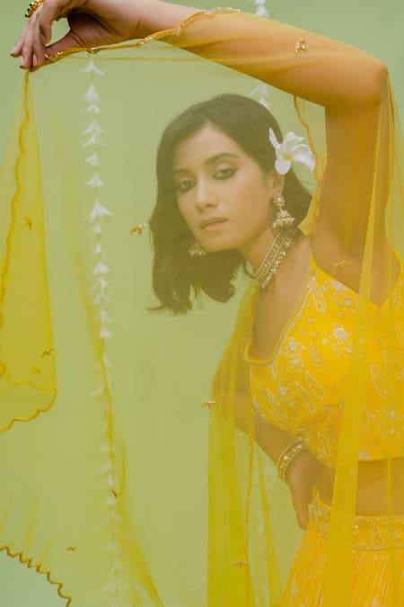 Shop Redpine Designs Yellow Viscose Georgette, Dupatta Net Cutdana, Floral, Print Lehenga Set Online at Aza Fashions Shop_Redpine Designs_Yellow Viscose Georgette, Dupatta Net Cutdana, Floral, Print Lehenga Set _Online_at_Aza_Fashions
