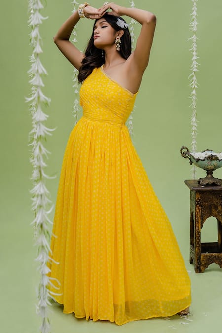 Redpine Designs_Yellow Viscose Georgette Cutdana, Floral, Sequins, Moti, Poth One Print Gown _Online_at_Aza_Fashions