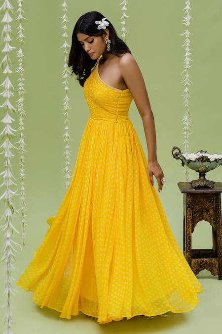 Buy_Redpine Designs_Yellow Viscose Georgette Cutdana, Floral, Sequins, Moti, Poth One Print Gown _Online_at_Aza_Fashions