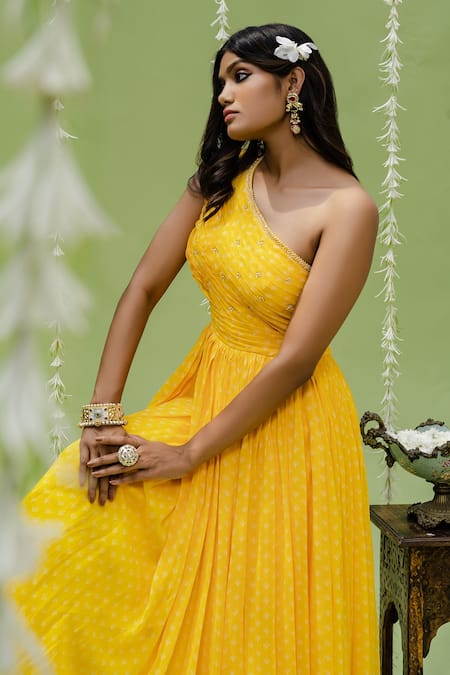 Shop_Redpine Designs_Yellow Viscose Georgette Cutdana, Floral, Sequins, Moti, Poth One Print Gown _Online_at_Aza_Fashions