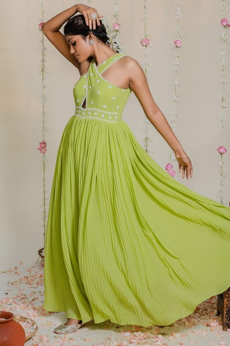 Buy_Redpine Designs_Green Georgette Sequins Halter Neck Hand Embroidered Jumpsuit For Kids_Online_at_Aza_Fashions