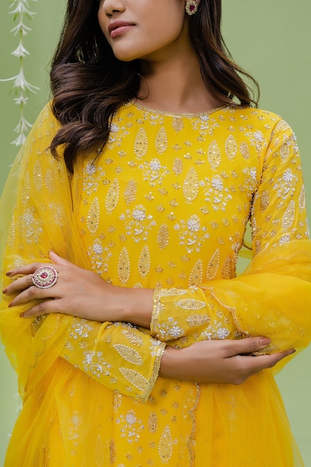 Buy_Redpine Designs_Yellow Viscose Georgette, Dupatta  Net Cutdana, Floral, Print Kurta Sharara Set _Online_at_Aza_Fashions
