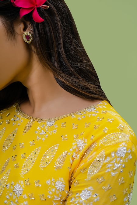 Shop_Redpine Designs_Yellow Viscose Georgette, Dupatta  Net Cutdana, Floral, Print Kurta Sharara Set _Online_at_Aza_Fashions