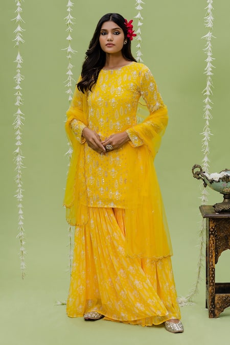 Redpine Designs_Yellow Viscose Georgette, Dupatta  Net Cutdana, Floral, Print Kurta Sharara Set _at_Aza_Fashions