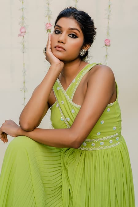 Shop_Redpine Designs_Green Georgette Sequins Halter Neck Hand Embroidered Jumpsuit For Kids_Online_at_Aza_Fashions