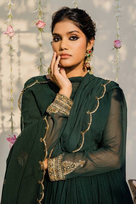 Redpine Designs_Green Viscose Georgette Cutdana, Sequins, Embroidered Anarkali With Dupatta _at_Aza_Fashions