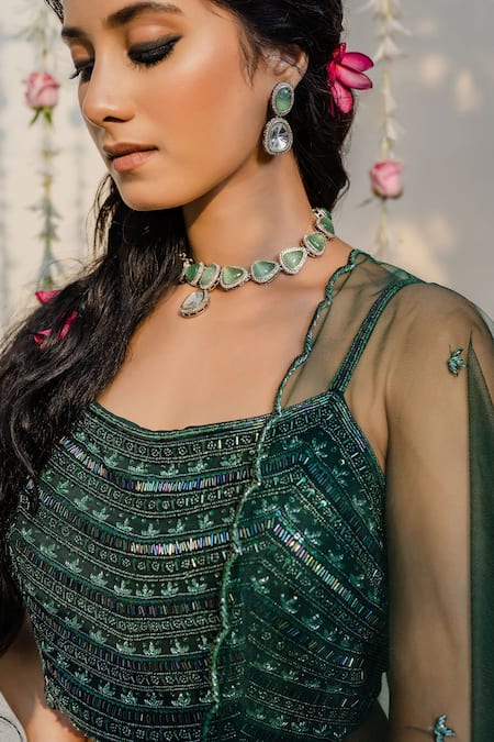 Redpine Designs_Green Viscose Georgette, Dupatta  Net Cutdana, Sequins, Layered Lehenga Set _Online_at_Aza_Fashions