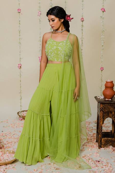 Buy_Redpine Designs_Green Georgette, Dupatta  Net Cutdana, Moti Round Pleated Sharara Set _Online_at_Aza_Fashions