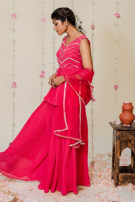 Redpine Designs_Fuchsia Georgette, Dupatta  Net Cutdana, Kasab, Pleated Peplum Sharara Set _Online_at_Aza_Fashions