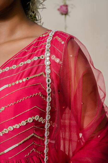 Buy_Redpine Designs_Fuchsia Georgette, Dupatta  Net Cutdana, Kasab, Pleated Peplum Sharara Set _Online_at_Aza_Fashions
