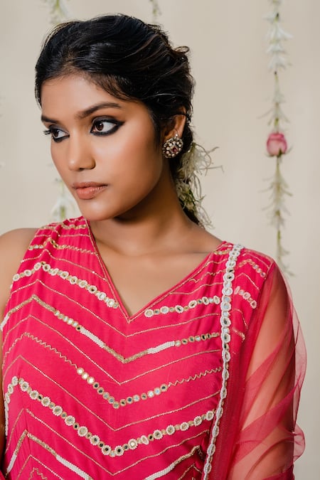 Shop_Redpine Designs_Fuchsia Georgette, Dupatta  Net Cutdana, Kasab, Pleated Peplum Sharara Set _Online_at_Aza_Fashions