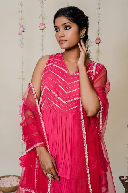 Redpine Designs_Fuchsia Georgette, Dupatta  Net Cutdana, Kasab, Pleated Peplum Sharara Set _at_Aza_Fashions