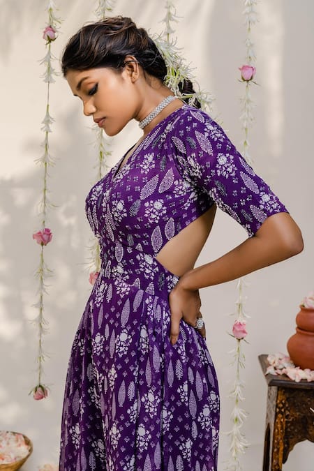 Redpine Designs_Purple Viscose Embroidery Floral Print Jumpsuit For Kids_Online_at_Aza_Fashions