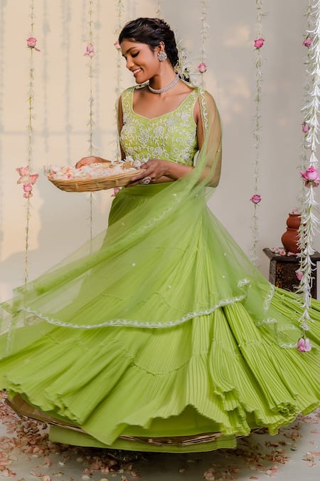 Buy_Redpine Designs_Green Georgette, Dupatta  Net Cutdana, Sequins, Moti V Neck Pleated Lehenga Set _Online_at_Aza_Fashions
