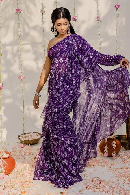 Redpine Designs_Purple Viscose Georgette Floral, Sequins, Moti One Pre-draped Saree With Blouse _Online_at_Aza_Fashions