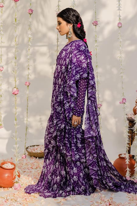 Buy_Redpine Designs_Purple Viscose Georgette Floral, Sequins, Moti One Pre-draped Saree With Blouse _Online_at_Aza_Fashions