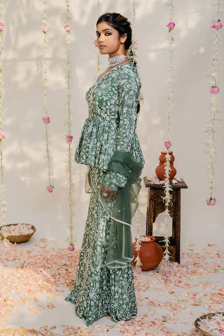 Buy_Redpine Designs_Green Dupatta  Net, Viscose Crepe Silk Cutdana, Print Peplum Sharara Set _Online_at_Aza_Fashions