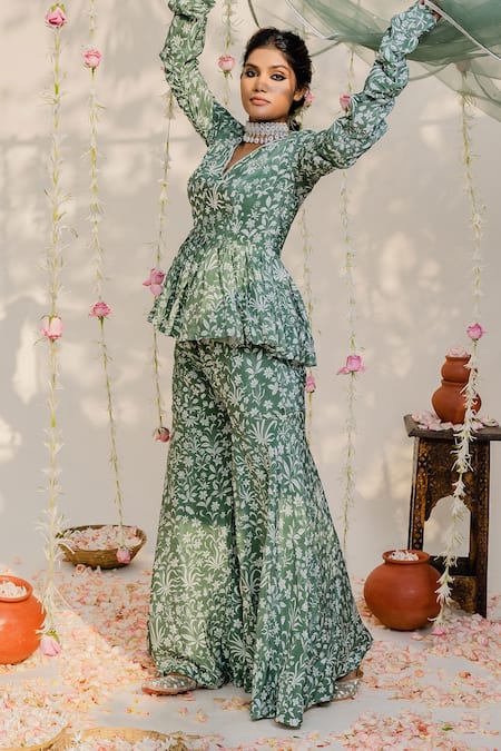 Shop_Redpine Designs_Green Dupatta  Net, Viscose Crepe Silk Cutdana, Print Peplum Sharara Set _Online_at_Aza_Fashions