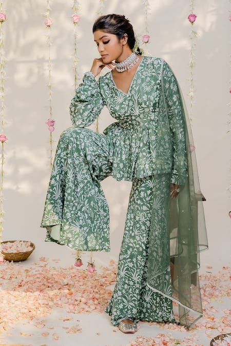 Redpine Designs_Green Dupatta  Net, Viscose Crepe Silk Cutdana, Print Peplum Sharara Set _at_Aza_Fashions