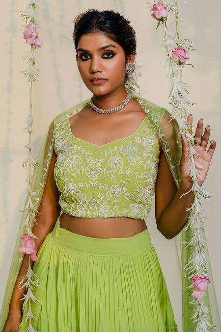 Redpine Designs_Green Georgette, Dupatta  Net Cutdana, Sequins, Moti V Neck Pleated Lehenga Set _at_Aza_Fashions
