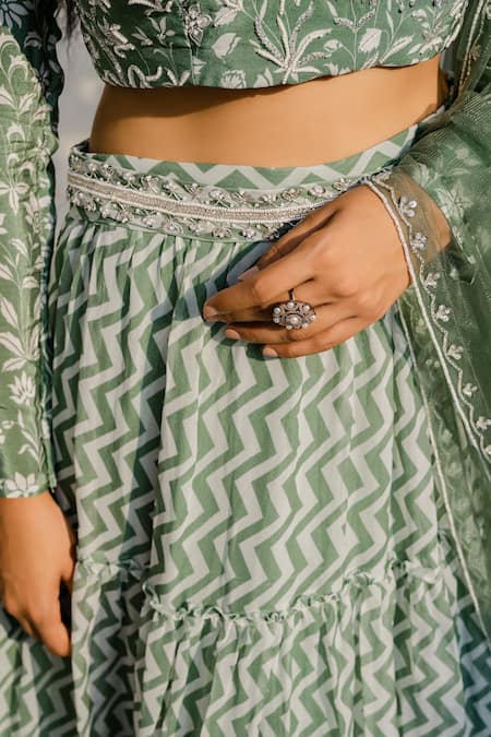 Buy_Redpine Designs_Green Blouse  Crepe Silk, Dupatta  Net, Lehenga  Print Set _Online_at_Aza_Fashions