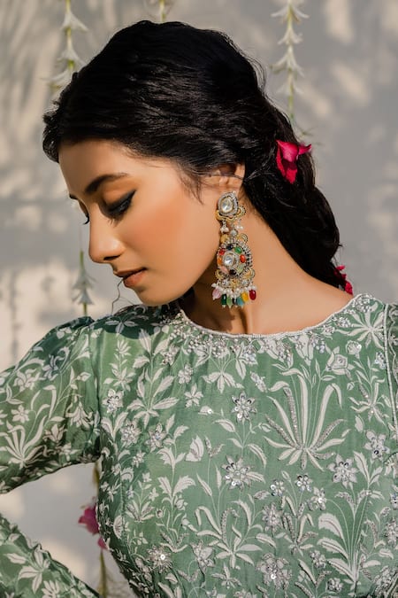 Shop_Redpine Designs_Green Blouse  Crepe Silk, Dupatta  Net, Lehenga  Print Set _Online_at_Aza_Fashions