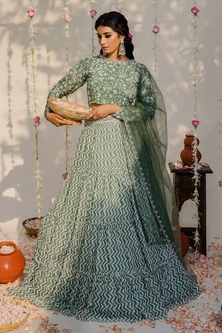 Redpine Designs_Green Blouse  Crepe Silk, Dupatta  Net, Lehenga  Print Set _at_Aza_Fashions