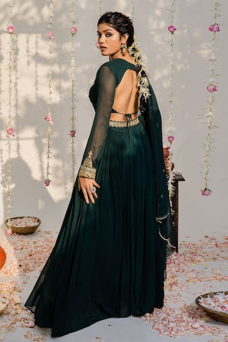 Buy_Redpine Designs_Green Viscose Georgette Cutdana, Sequins, Embroidered Anarkali With Dupatta _Online_at_Aza_Fashions