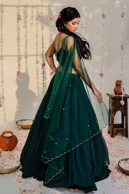 Buy_Redpine Designs_Green Viscose Georgette, Dupatta  Net Cutdana, Sequins, Layered Lehenga Set _Online_at_Aza_Fashions