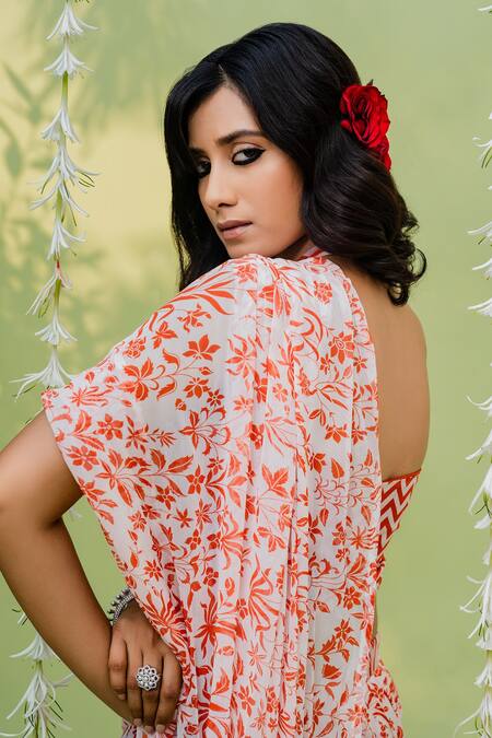 Buy_Redpine Designs_Orange Viscose Georgette Cutdana, Floral, Printed Sharara Saree With Blouse _Online_at_Aza_Fashions