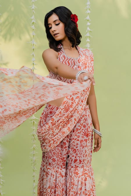 Shop_Redpine Designs_Orange Viscose Georgette Cutdana, Floral, Printed Sharara Saree With Blouse _Online_at_Aza_Fashions