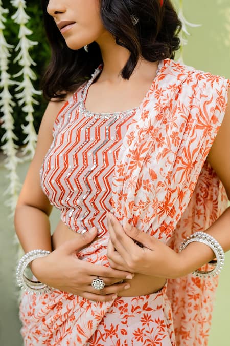 Redpine Designs_Orange Viscose Georgette Cutdana, Floral, Printed Sharara Saree With Blouse _at_Aza_Fashions