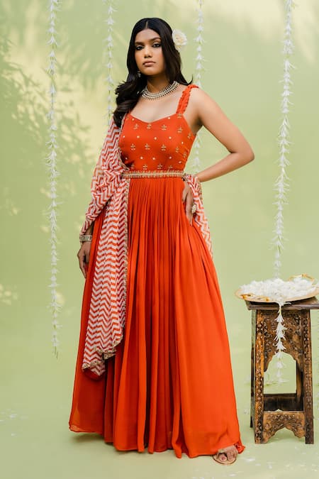 Redpine Designs_Orange Viscose Georgette Chevron, Cutdana, Embroidered Anarkali With Dupatta _Online_at_Aza_Fashions