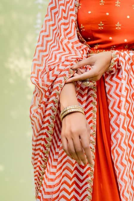 Shop_Redpine Designs_Orange Viscose Georgette Chevron, Cutdana, Embroidered Anarkali With Dupatta _Online_at_Aza_Fashions