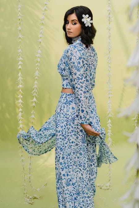 Shop_Redpine Designs_Blue Viscose Crepe Silk Floral V Neck Print Cape And Pant Set _Online_at_Aza_Fashions