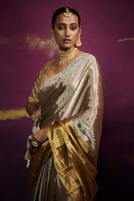 Dressfolk_Gold Handloom Tissue Two Toned Saree _Online_at_Aza_Fashions
