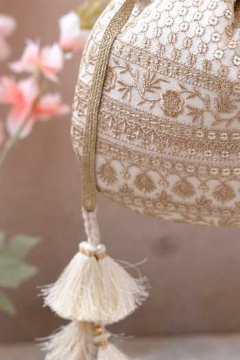 Amyra_Off White Embroidery, Tassels Floral Potli Bag _Online_at_Aza_Fashions