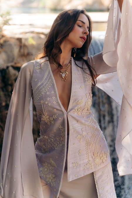 Sahil Kochhar_Purple Raw Silk And Crepe Embroidered Floral Patterns Ria Jacket  _Online_at_Aza_Fashions