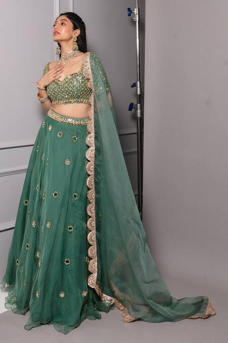 Ria Shah Label_Green Organza Embroidery, Sequins Sweetheart Neck Floral Lehenga Set _Online_at_Aza_Fashions
