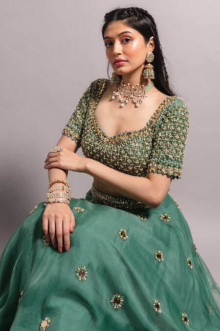 Shop_Ria Shah Label_Green Organza Embroidery, Sequins Sweetheart Neck Floral Lehenga Set _Online_at_Aza_Fashions