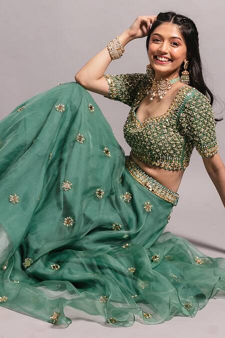 Buy_Ria Shah Label_Green Organza Embroidery, Sequins Sweetheart Neck Floral Lehenga Set 