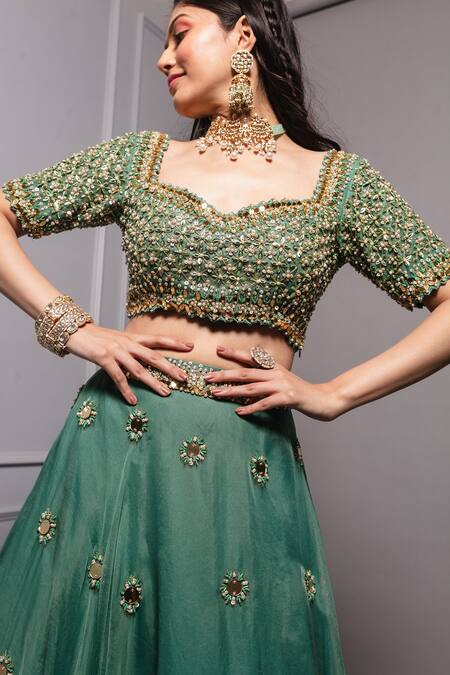 Shop_Ria Shah Label_Green Organza Embroidery, Sequins Sweetheart Neck Floral Lehenga Set 