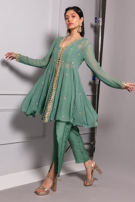 Buy Ria Shah Label Green Georgette, Cotton, Silk Embroidered Panelled Short Top And Flap Pant Set Online at Aza Fashions Buy_Ria Shah Label_Green Georgette, Cotton, Silk Embroidered Panelled Short Top And Flap Pant Set _Online_at_Aza_Fashions