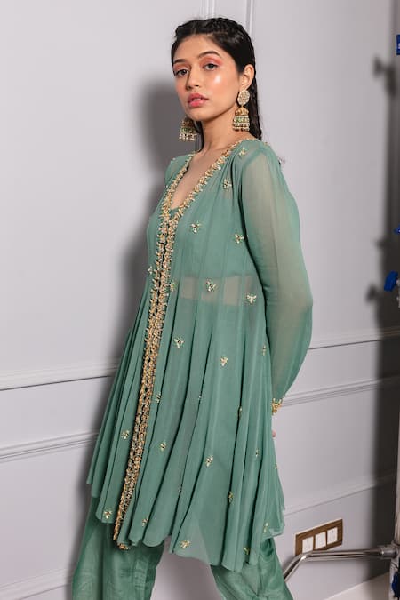 Ria Shah Label Green Georgette, Cotton, Silk Embroidered Panelled Short Top And Flap Pant Set at Aza Fashions Ria Shah Label_Green Georgette, Cotton, Silk Embroidered Panelled Short Top And Flap Pant Set _at_Aza_Fashions
