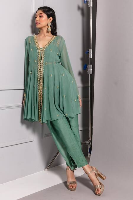 Buy Ria Shah Label Green Georgette, Cotton, Silk Embroidered Panelled Short Top And Flap Pant Set Buy_Ria Shah Label_Green Georgette, Cotton, Silk Embroidered Panelled Short Top And Flap Pant Set