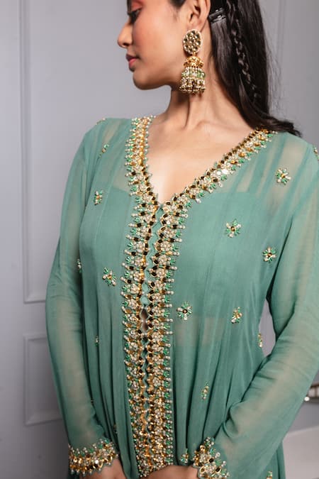 Shop Ria Shah Label Green Georgette, Cotton, Silk Embroidered Panelled Short Top And Flap Pant Set Shop_Ria Shah Label_Green Georgette, Cotton, Silk Embroidered Panelled Short Top And Flap Pant Set