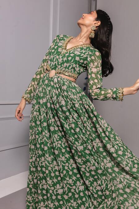 Ria Shah Label Green Polyester Embroidery V-neck Floral Print Cut-out Anarkali Dress Online at Aza Fashions Ria Shah Label_Green Polyester Embroidery V-neck Floral Print Cut-out Anarkali Dress _Online_at_Aza_Fashions