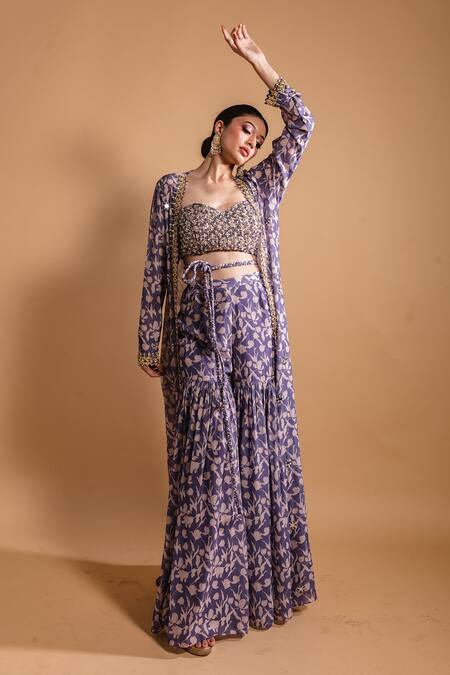 Ria Shah Label Purple Polyester Embroidery Sweetheart Neck, Floral Printed Jacket And Sharara Set Online at Aza Fashions Ria Shah Label_Purple Polyester Embroidery Sweetheart Neck, Floral Printed Jacket And Sharara Set _Online_at_Aza_Fashions